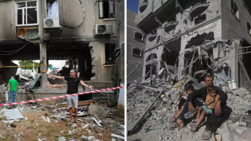 Foto links: Mehrere Personen stehen in der israelischen Stadt Aschkelon vor einem Gebäude, in dem eine von einer bewaffneten palästinensischen Gruppe abgefeurte Rakete eingeschlagen ist (9. Oktober 2023). / Foto rechts: Ein Mann und zwei Kinder sitzen in der palästinensischen Stadt Rafah im Gazastreifen vor den Überresten eines Gebäudes, das durch einen israelischen Angriff zerstört wurde (12. Oktober 2023).
